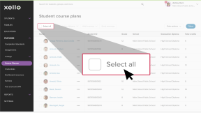 Student course list page in Xello with the cursor clicking "Selected (0)" to select all of the names in the student list